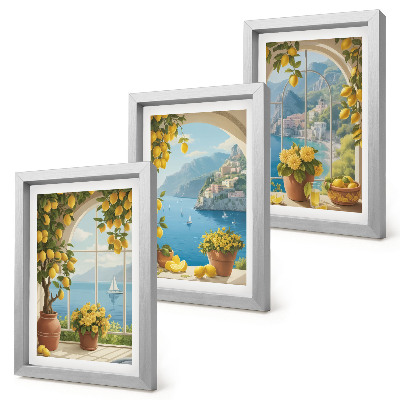 Framed triptych Seascapes with Italian lemons in the windows