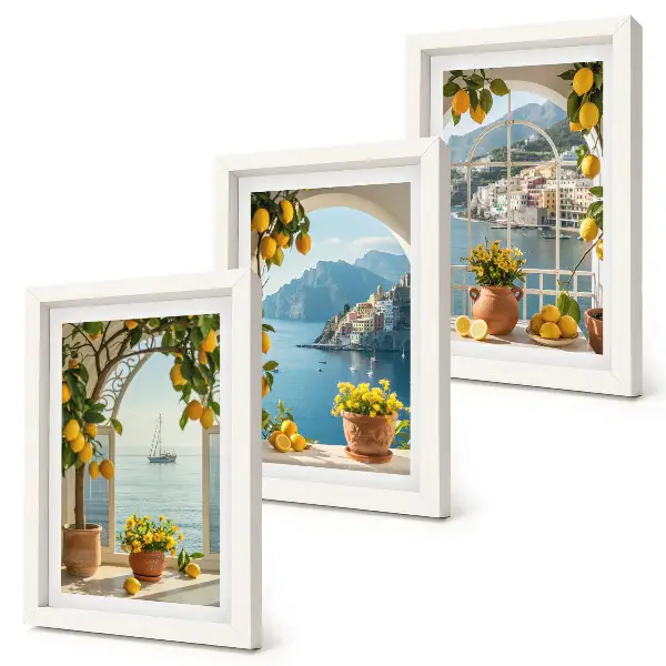 3-piece wall art set seaside town with lemons and potted flowers