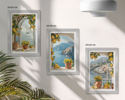 3-piece wall art set Seaside town lemons and flowers in pots
