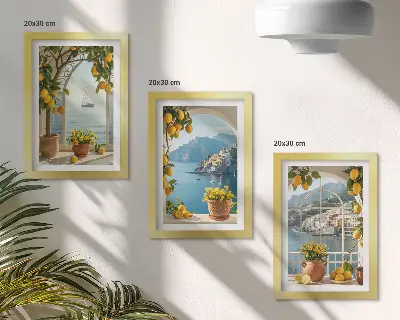 3-piece wall art set seaside town with lemons and potted flowers