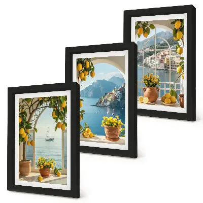 3-piece wall art set seaside town with lemons and potted flowers