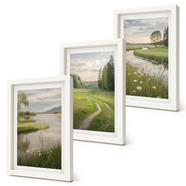 Framed triptych Peaceful summer landscapes with a river and a meadow of flowers
