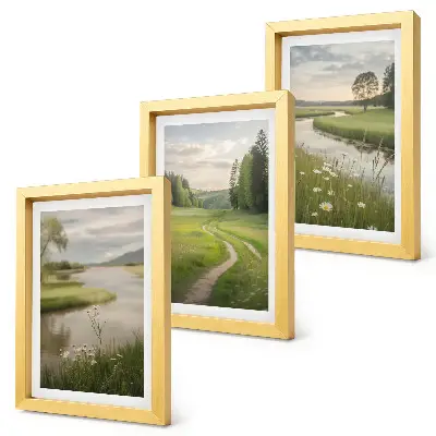 Peaceful summer landscapes with a river and a meadow of flowers framed triptych