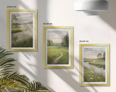 Peaceful summer landscapes with a river and a meadow of flowers framed triptych