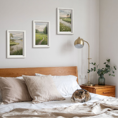 Framed triptych Peaceful summer landscapes with a river and a meadow of flowers