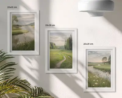 Peaceful summer landscapes with a river and a meadow of flowers framed triptych