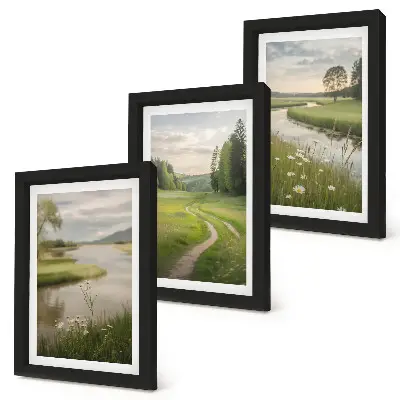 Peaceful summer landscapes with a river and a meadow of flowers framed triptych