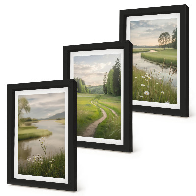 Framed triptych Peaceful summer landscapes with a river and a meadow of flowers