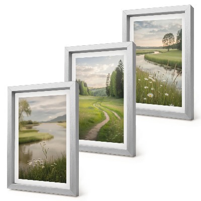 Framed triptych Peaceful summer landscapes with a river and a meadow of flowers