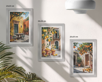 Framed triptych Citrus fruits in a sunny garden setting