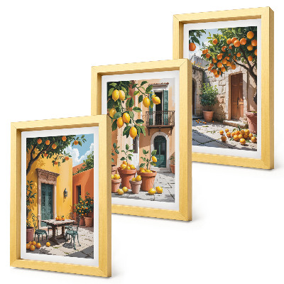 Framed triptych Citrus fruits in a sunny garden setting