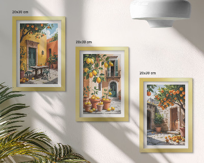 Framed triptych Citrus fruits in a sunny garden setting