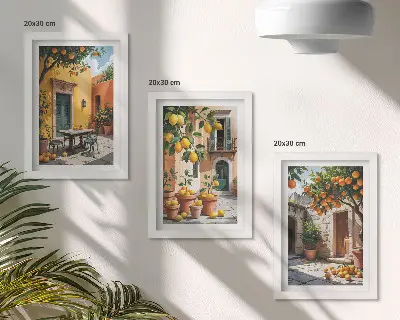 Citrus fruits in a sunny garden setting framed triptych