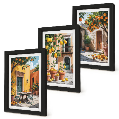 Framed triptych Citrus fruits in a sunny garden setting