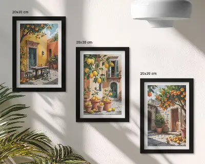 Citrus fruits in a sunny garden setting framed triptych