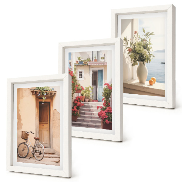 Framed triptych Charming seaside streets with flowers and bicycles
