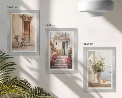 Charming seaside streets with flowers and bicycles art print framed triptych