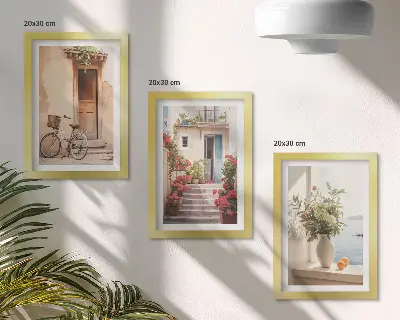 Charming seaside streets with flowers and bicycles art print framed triptych