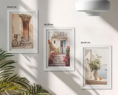 Charming seaside streets with flowers and bicycles art print framed triptych