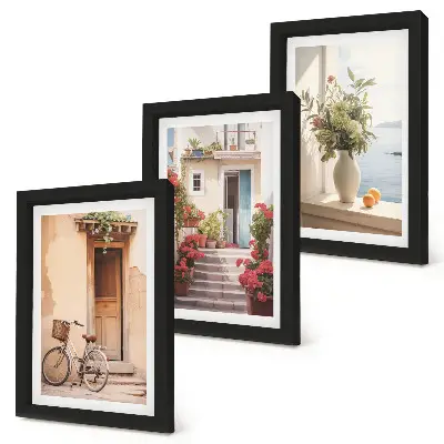 Charming seaside streets with flowers and bicycles art print framed triptych