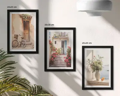 Charming seaside streets with flowers and bicycles art print framed triptych