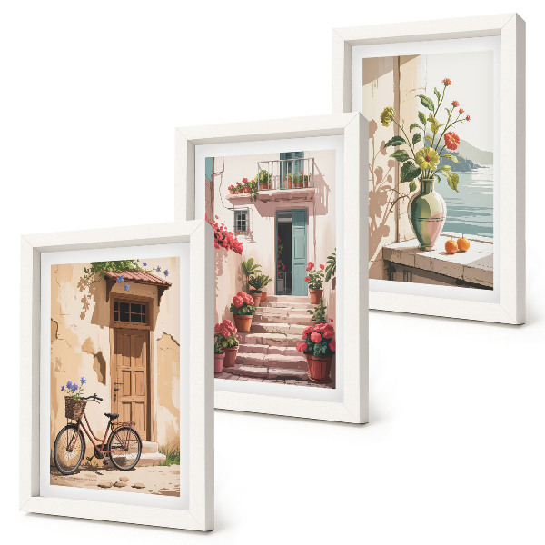 3-piece wall art set Painted streets with flowers and a bicycle