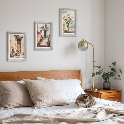 3-piece wall art set Painted streets with flowers and a bicycle