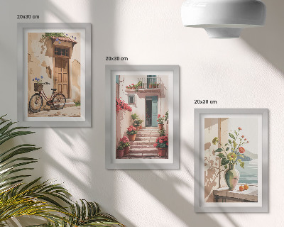 3-piece wall art set Painted streets with flowers and a bicycle