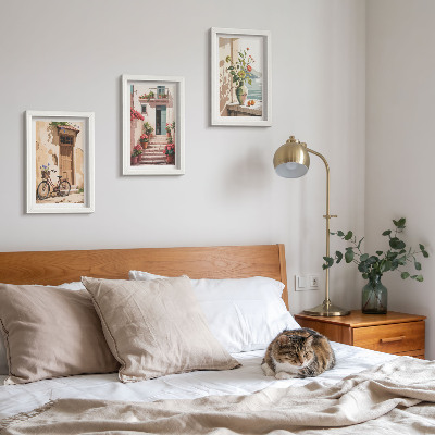3-piece wall art set Painted streets with flowers and a bicycle