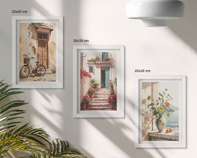 3-piece wall art set Painted streets with flowers and a bicycle