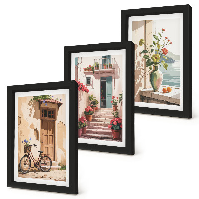 3-piece wall art set Painted streets with flowers and a bicycle