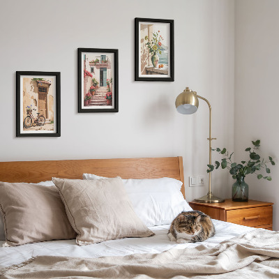 3-piece wall art set Painted streets with flowers and a bicycle
