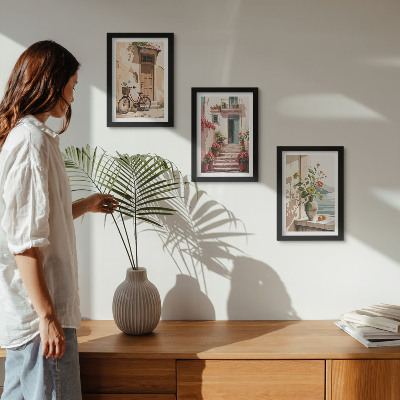 3-piece wall art set Painted streets with flowers and a bicycle