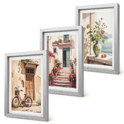 3-piece wall art set Painted streets with flowers and a bicycle