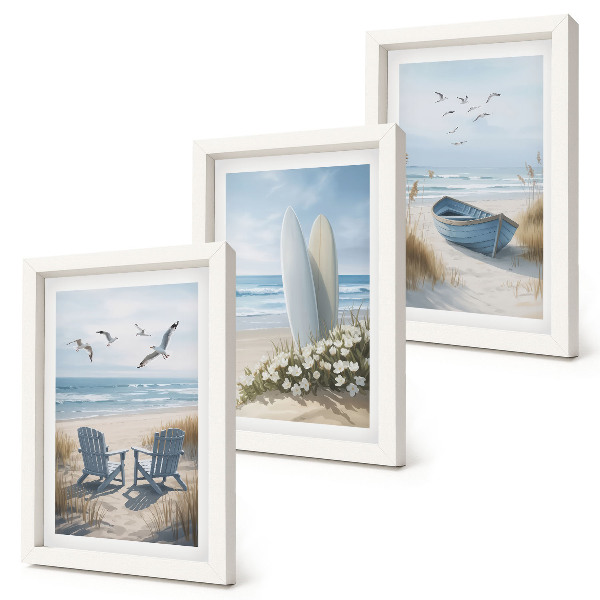 Photo frame wall Beach with surfboards, boats and birds