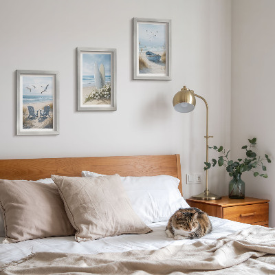Photo frame wall Beach with surfboards, boats and birds