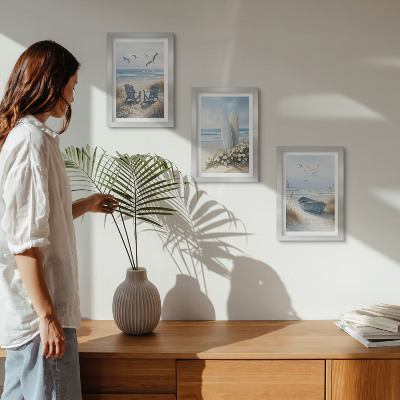 Photo frame wall Beach with surfboards, boats and birds