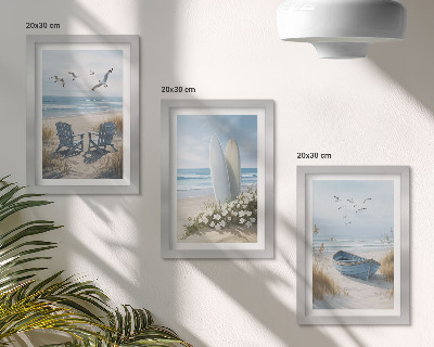 Photo frame wall Beach with surfboards, boats and birds