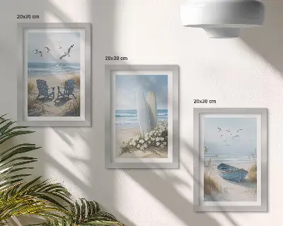 Photo frame wall with beach scene showing surfboards, boats, and birds