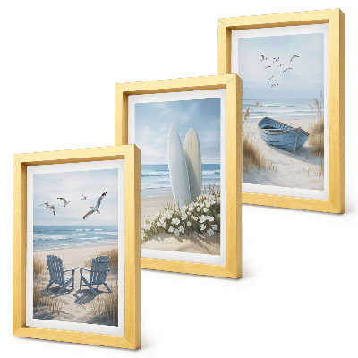 Photo frame wall Beach with surfboards, boats and birds