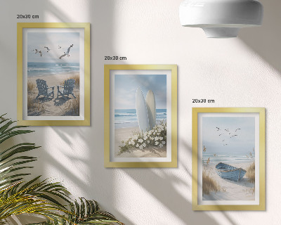 Photo frame wall Beach with surfboards, boats and birds