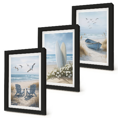 Photo frame wall Beach with surfboards, boats and birds