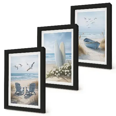 Photo frame wall with beach scene showing surfboards, boats, and birds