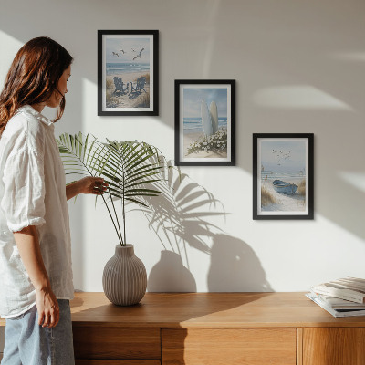 Photo frame wall Beach with surfboards, boats and birds