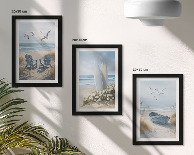 Photo frame wall Beach with surfboards, boats and birds