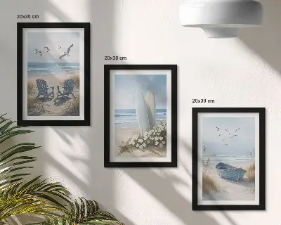 Photo frame wall with beach scene showing surfboards, boats, and birds