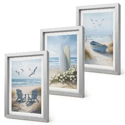 Photo frame wall with beach scene showing surfboards, boats, and birds