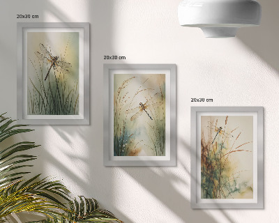 Framed triptych Painted grasses with dragonflies above the water