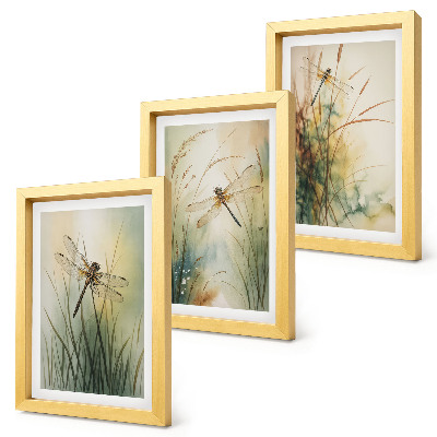 Framed triptych Painted grasses with dragonflies above the water