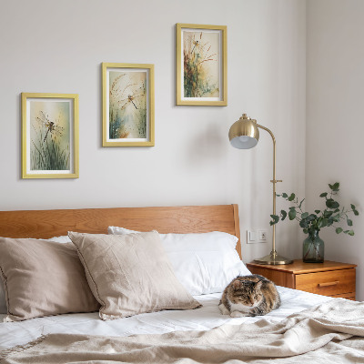 Framed triptych Painted grasses with dragonflies above the water